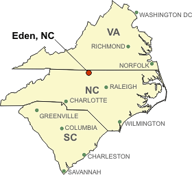 Location image of Eden, NC on three-state map